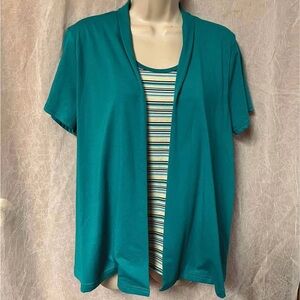 Basic Editions Teal Short Sleeve Cardigan with Striped Top